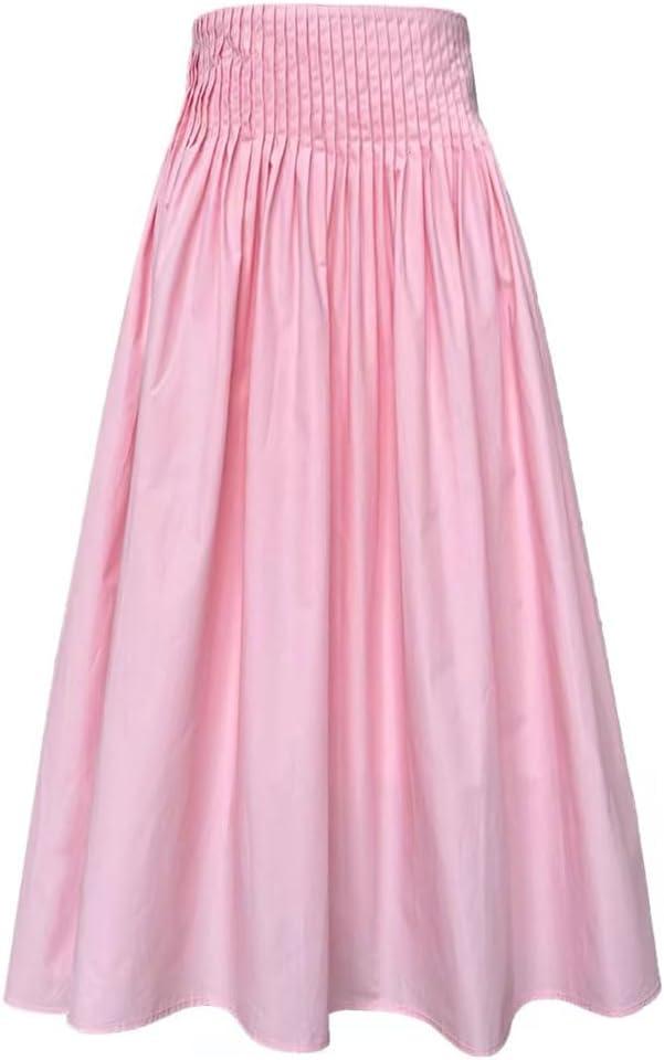 imagechouyatou Womens Elegant Pleated A Line Skirt High Elastic Waist Swing Bohemian Midi Long SkirtPink