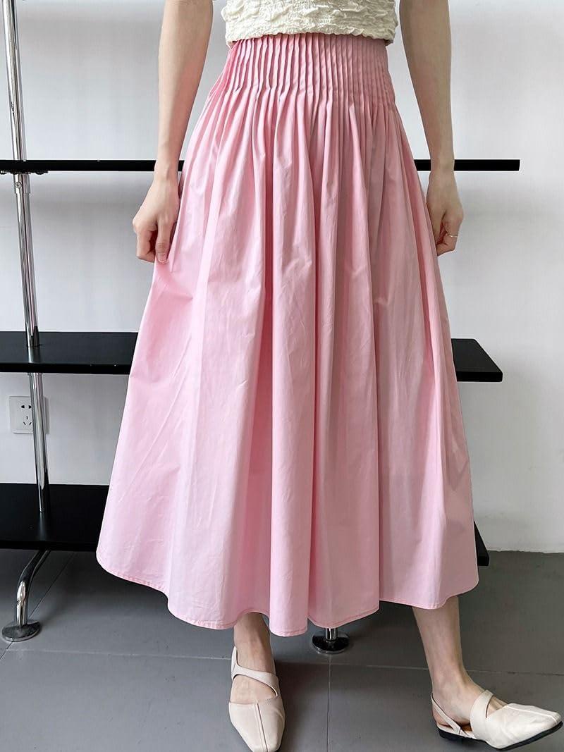 imagechouyatou Womens Elegant Pleated A Line Skirt High Elastic Waist Swing Bohemian Midi Long SkirtPink