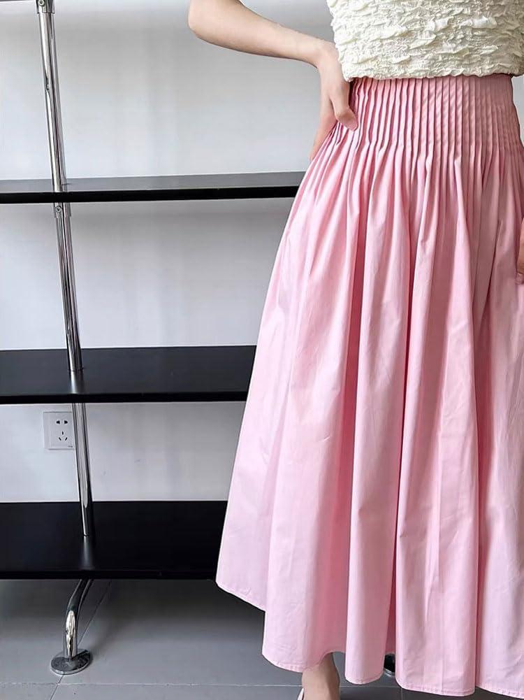 imagechouyatou Womens Elegant Pleated A Line Skirt High Elastic Waist Swing Bohemian Midi Long SkirtPink