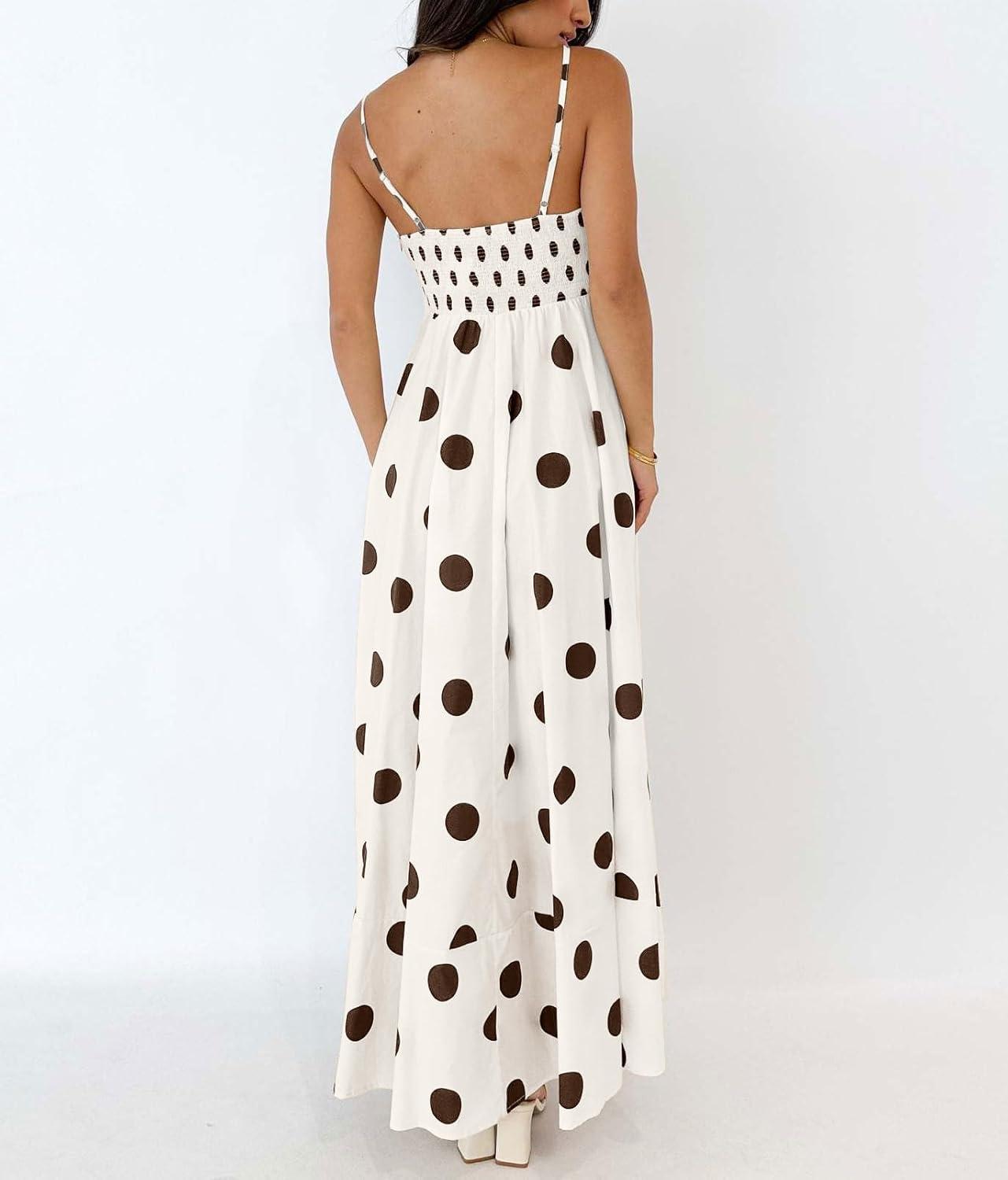 imagechouyatou Womens Elegant Polka Dot Maxi Dress Back Smocked Spaghetti Strap Ruffle Swing Long Dress with PocketsApricot