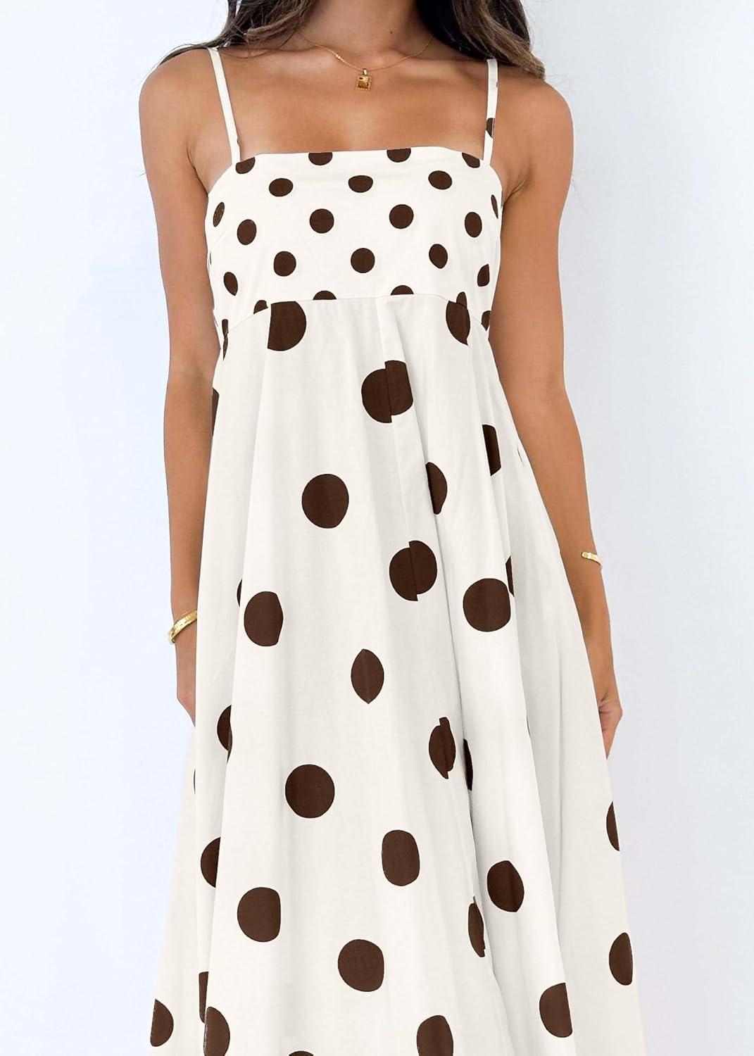 imagechouyatou Womens Elegant Polka Dot Maxi Dress Back Smocked Spaghetti Strap Ruffle Swing Long Dress with PocketsApricot