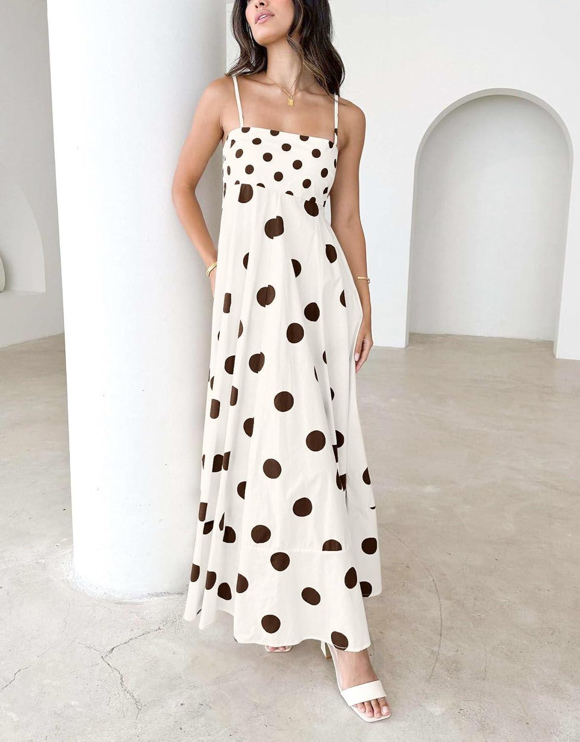 imagechouyatou Womens Elegant Polka Dot Maxi Dress Back Smocked Spaghetti Strap Ruffle Swing Long Dress with PocketsApricot