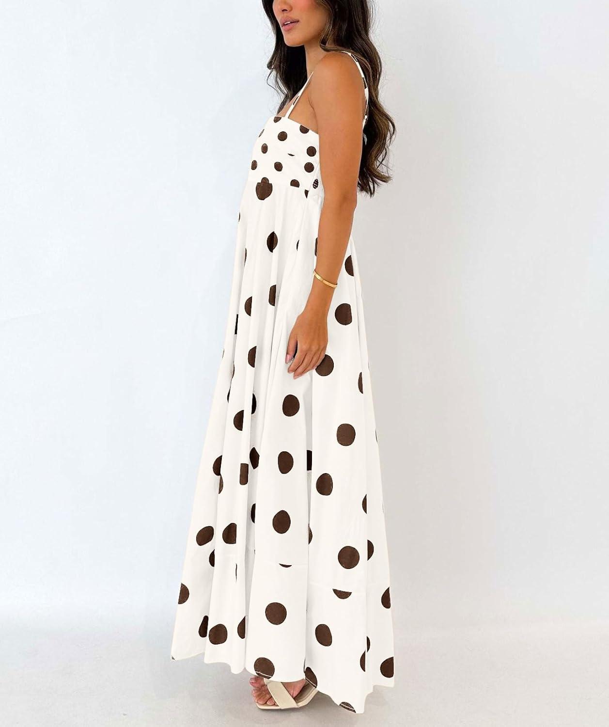 imagechouyatou Womens Elegant Polka Dot Maxi Dress Back Smocked Spaghetti Strap Ruffle Swing Long Dress with PocketsApricot
