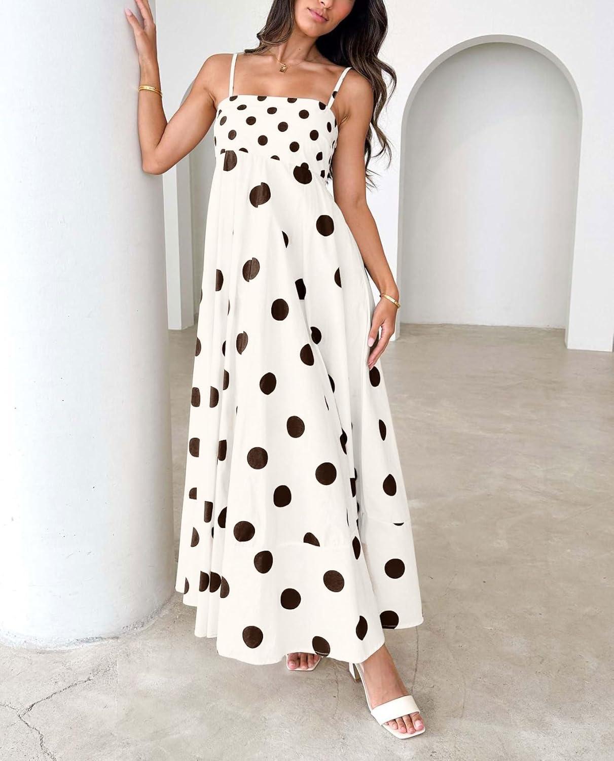 imagechouyatou Womens Elegant Polka Dot Maxi Dress Back Smocked Spaghetti Strap Ruffle Swing Long Dress with PocketsApricot