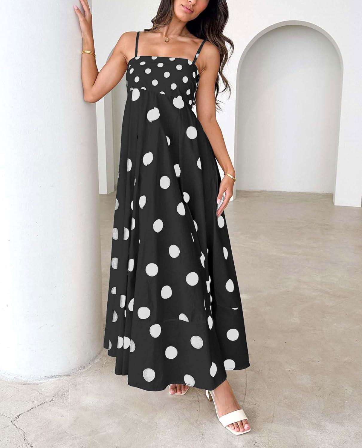 imagechouyatou Womens Elegant Polka Dot Maxi Dress Back Smocked Spaghetti Strap Ruffle Swing Long Dress with PocketsBlack
