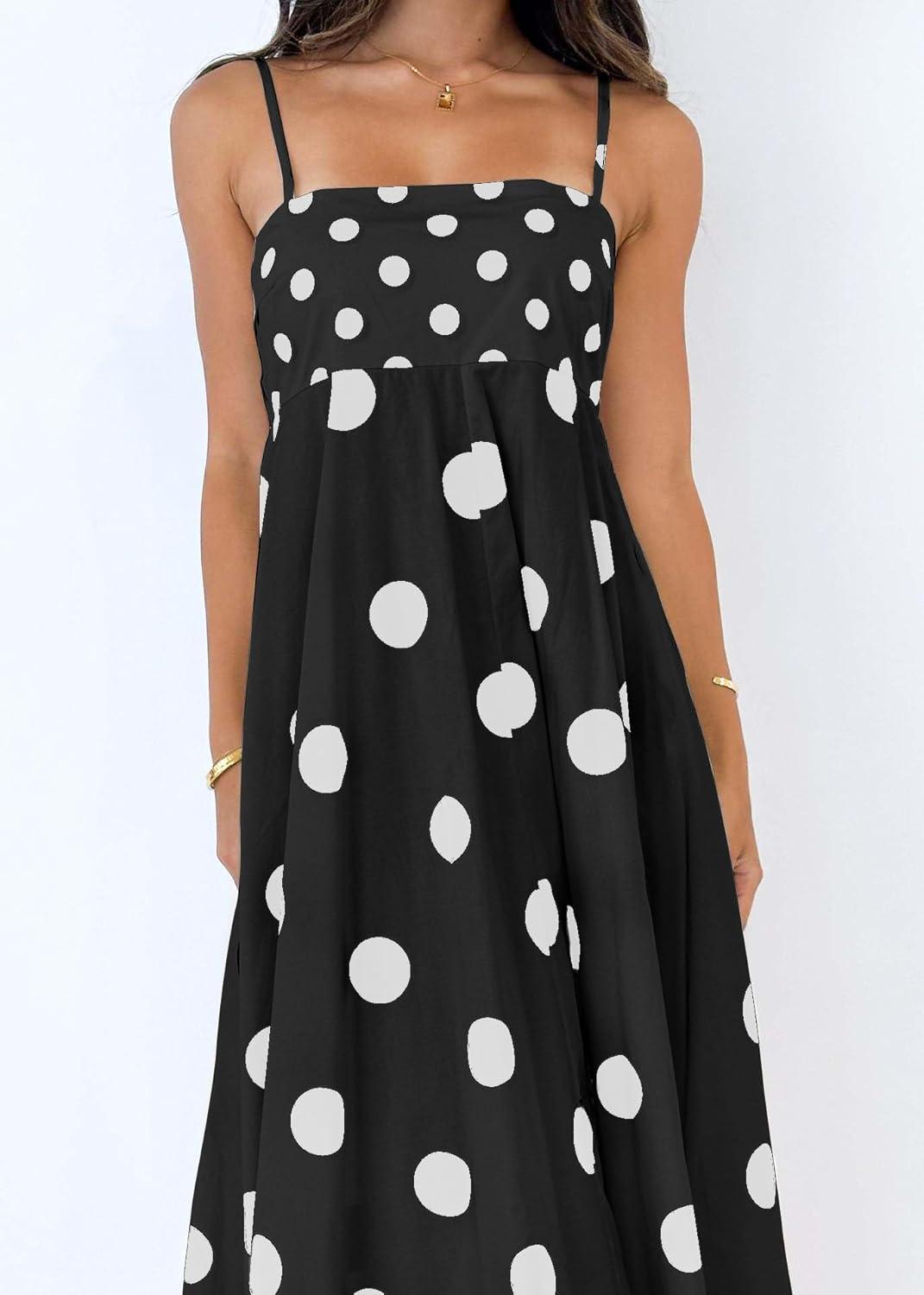 imagechouyatou Womens Elegant Polka Dot Maxi Dress Back Smocked Spaghetti Strap Ruffle Swing Long Dress with PocketsBlack