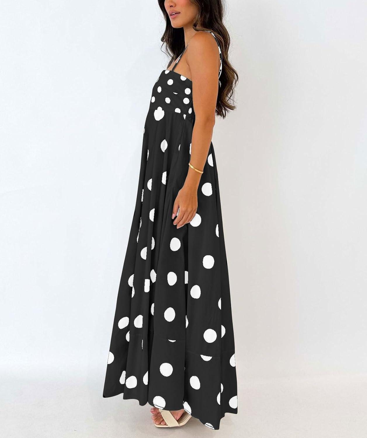 imagechouyatou Womens Elegant Polka Dot Maxi Dress Back Smocked Spaghetti Strap Ruffle Swing Long Dress with PocketsBlack