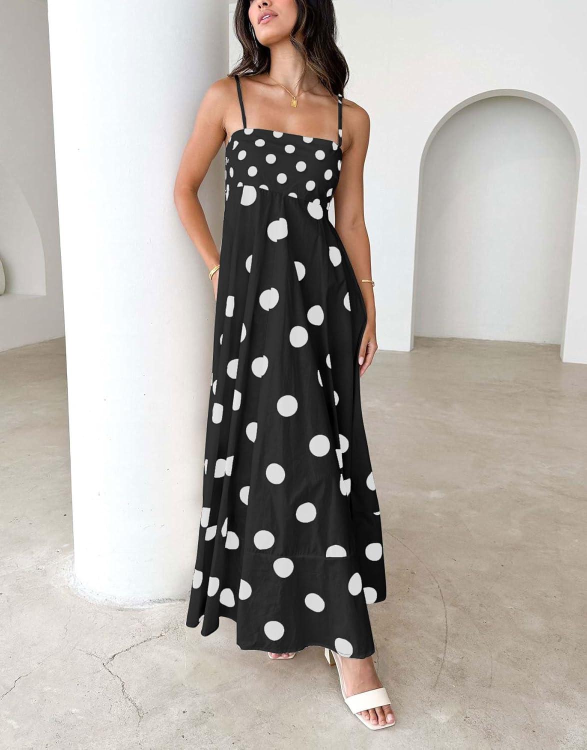 imagechouyatou Womens Elegant Polka Dot Maxi Dress Back Smocked Spaghetti Strap Ruffle Swing Long Dress with PocketsBlack