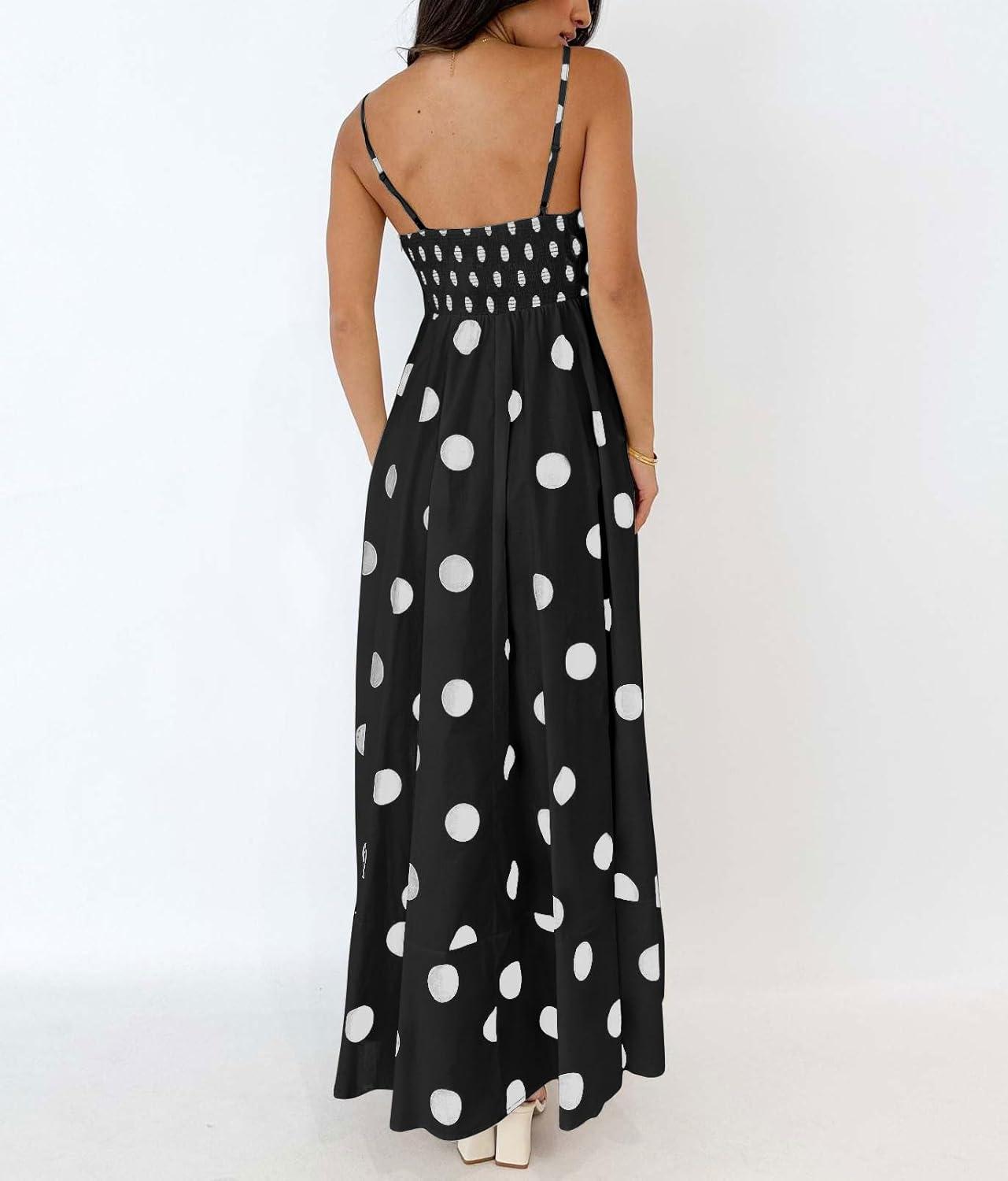 imagechouyatou Womens Elegant Polka Dot Maxi Dress Back Smocked Spaghetti Strap Ruffle Swing Long Dress with PocketsBlack