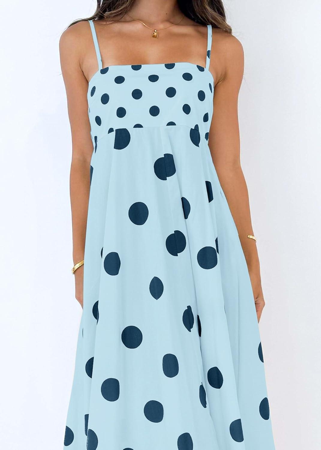 imagechouyatou Womens Elegant Polka Dot Maxi Dress Back Smocked Spaghetti Strap Ruffle Swing Long Dress with PocketsBlue