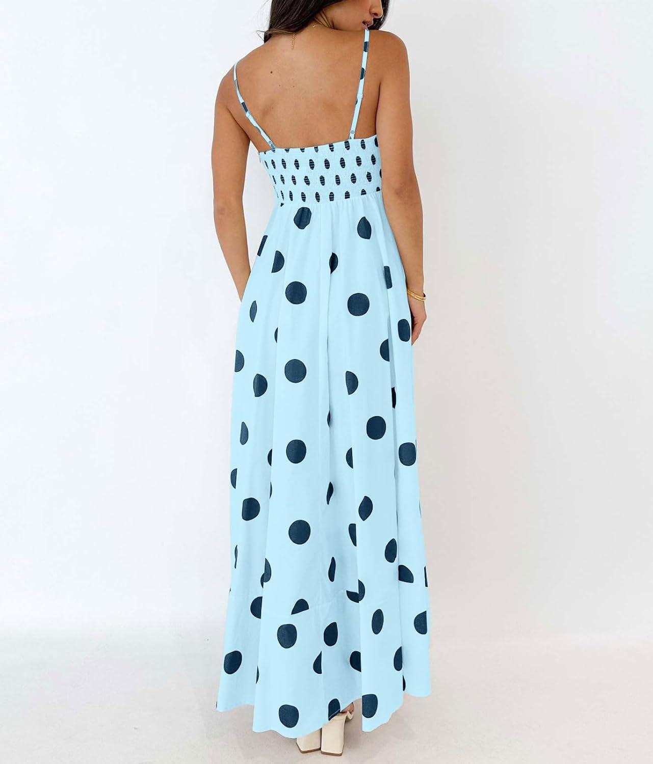 imagechouyatou Womens Elegant Polka Dot Maxi Dress Back Smocked Spaghetti Strap Ruffle Swing Long Dress with PocketsBlue