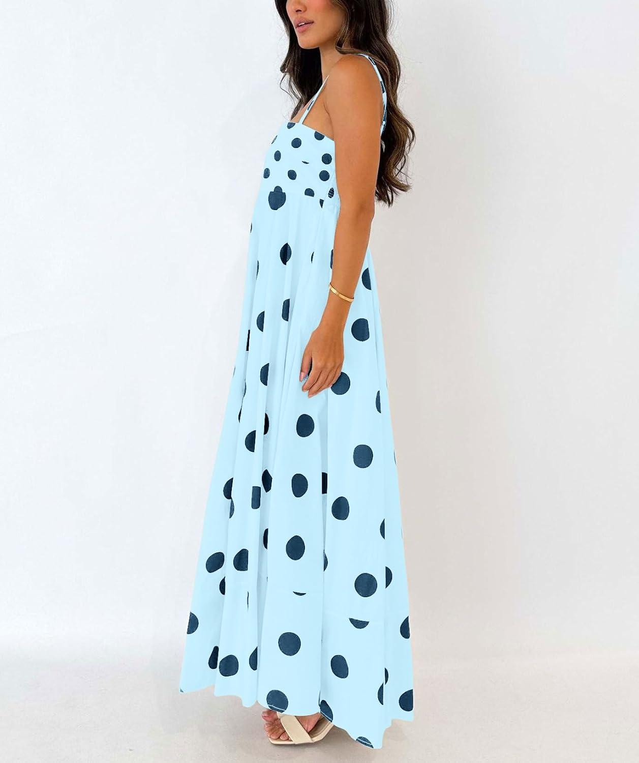 imagechouyatou Womens Elegant Polka Dot Maxi Dress Back Smocked Spaghetti Strap Ruffle Swing Long Dress with PocketsBlue