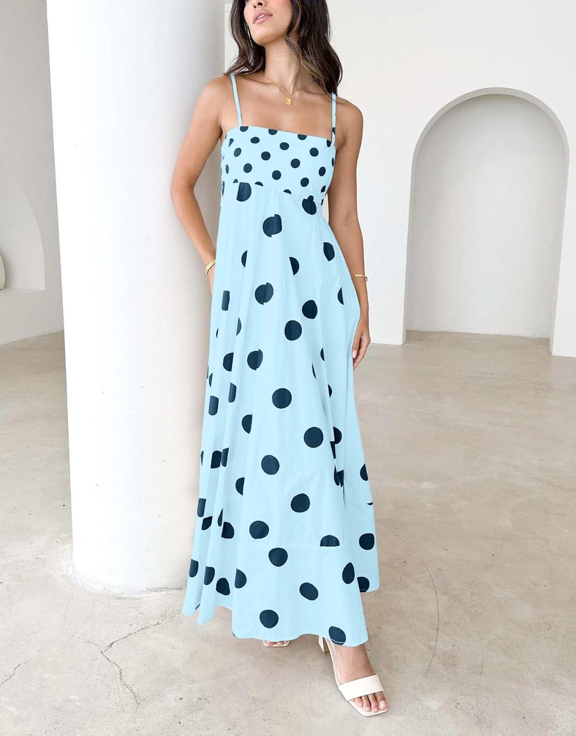 imagechouyatou Womens Elegant Polka Dot Maxi Dress Back Smocked Spaghetti Strap Ruffle Swing Long Dress with PocketsBlue