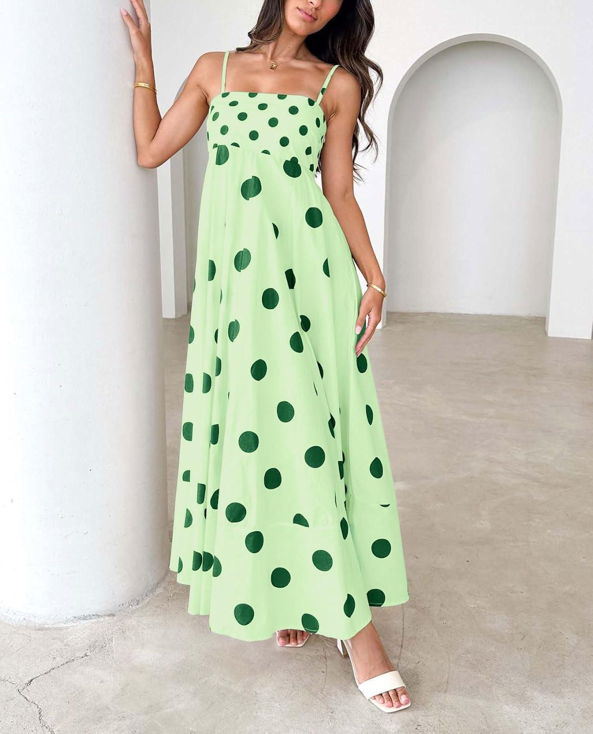 imagechouyatou Womens Elegant Polka Dot Maxi Dress Back Smocked Spaghetti Strap Ruffle Swing Long Dress with PocketsGreen