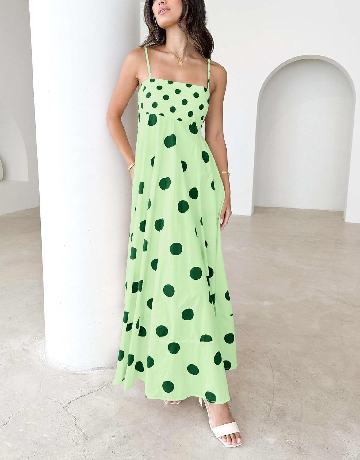 imagechouyatou Womens Elegant Polka Dot Maxi Dress Back Smocked Spaghetti Strap Ruffle Swing Long Dress with PocketsGreen