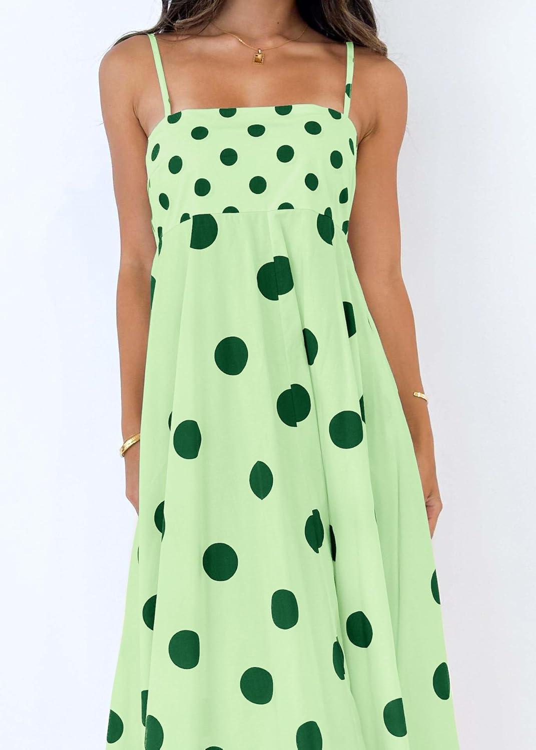 imagechouyatou Womens Elegant Polka Dot Maxi Dress Back Smocked Spaghetti Strap Ruffle Swing Long Dress with PocketsGreen
