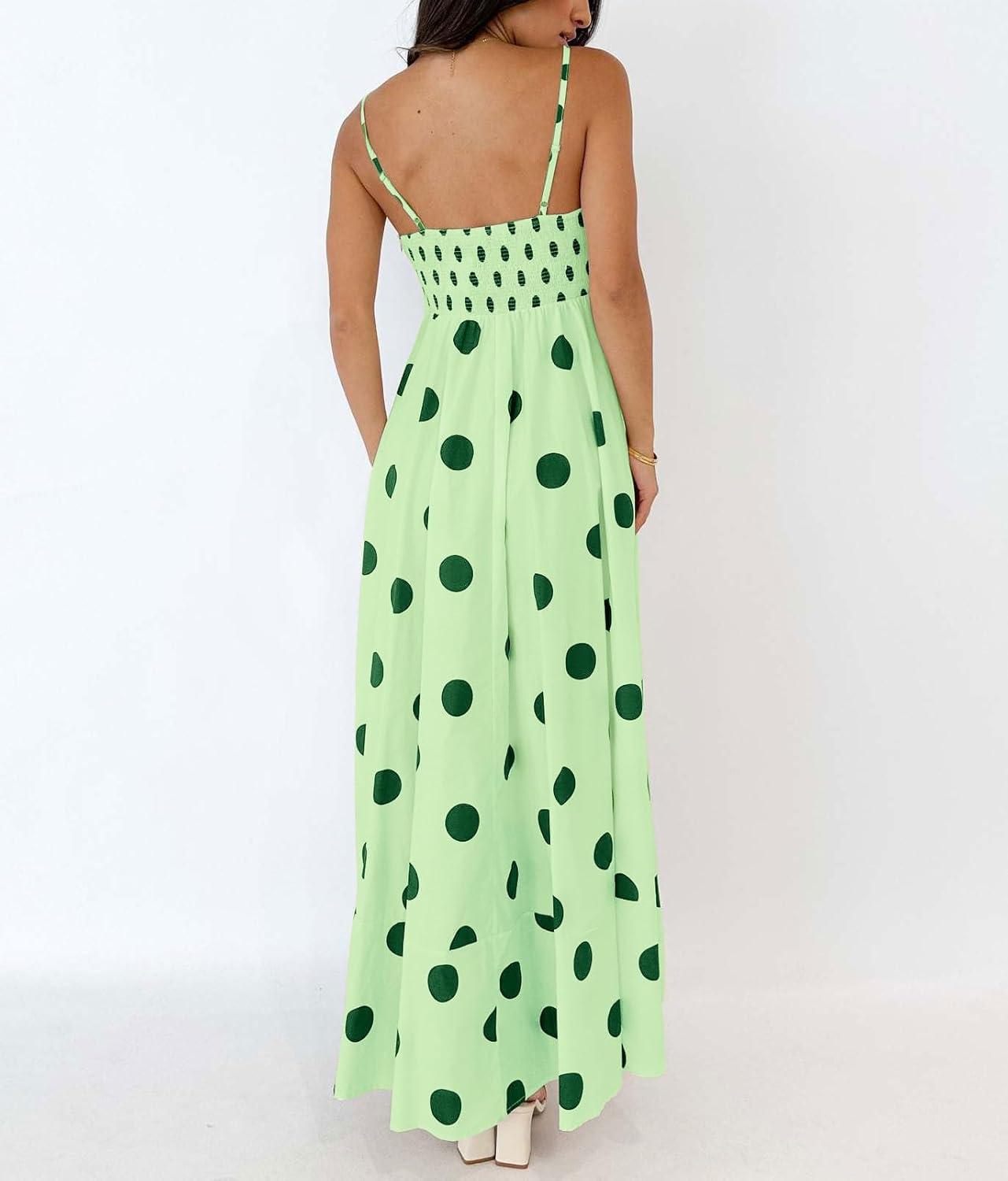 imagechouyatou Womens Elegant Polka Dot Maxi Dress Back Smocked Spaghetti Strap Ruffle Swing Long Dress with PocketsGreen