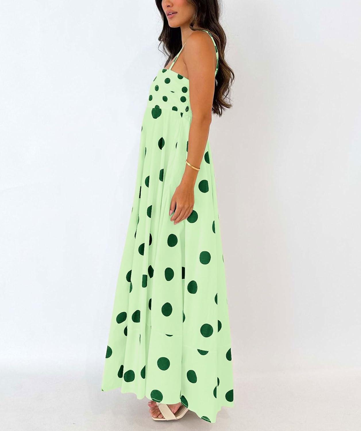imagechouyatou Womens Elegant Polka Dot Maxi Dress Back Smocked Spaghetti Strap Ruffle Swing Long Dress with PocketsGreen
