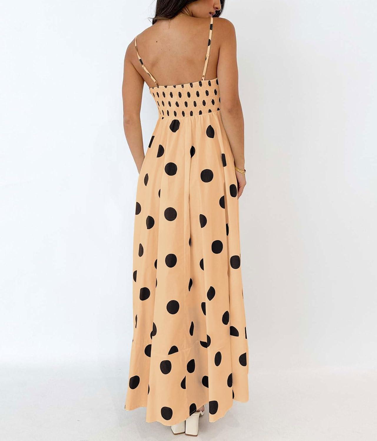 imagechouyatou Womens Elegant Polka Dot Maxi Dress Back Smocked Spaghetti Strap Ruffle Swing Long Dress with PocketsKhaki