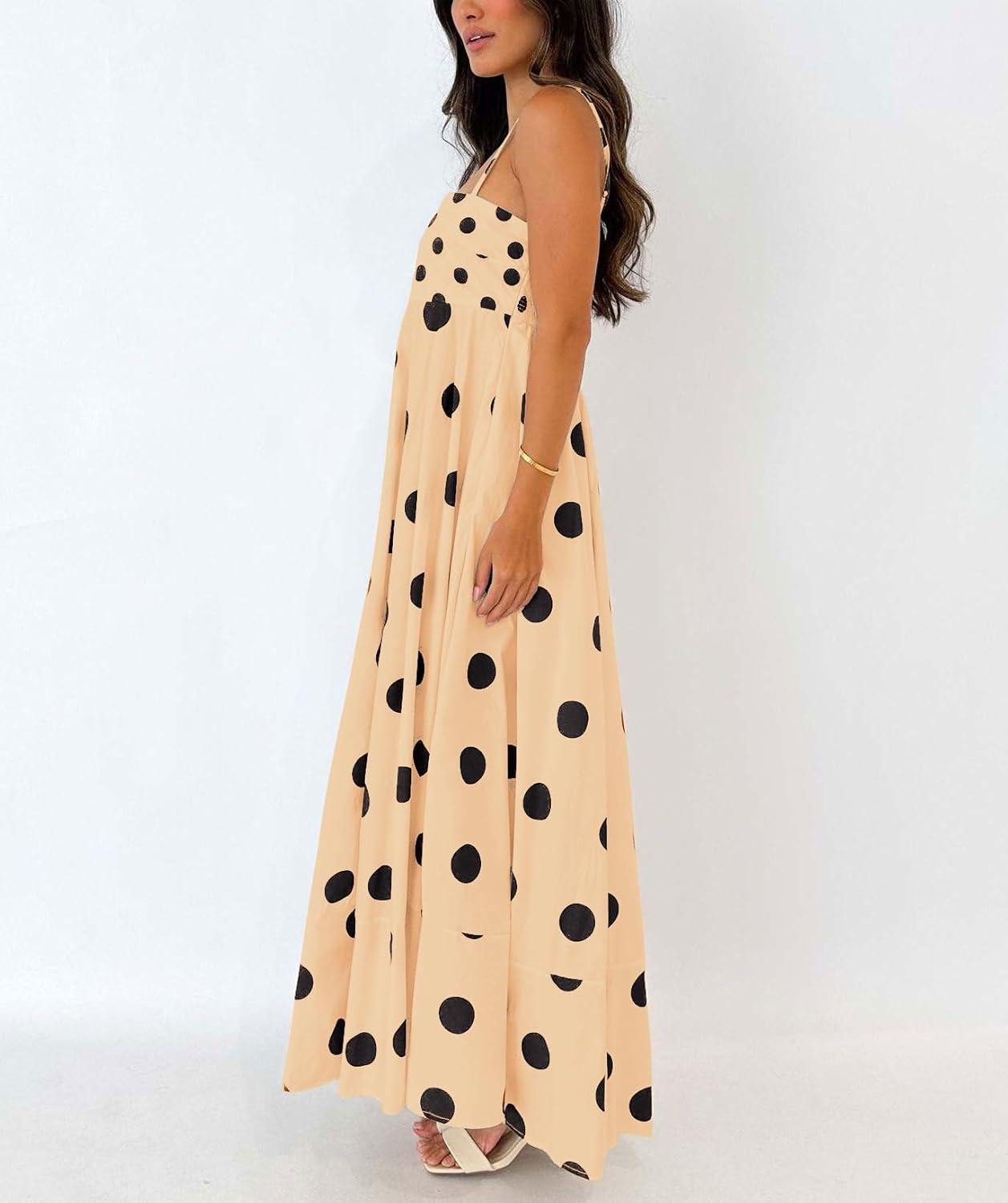 imagechouyatou Womens Elegant Polka Dot Maxi Dress Back Smocked Spaghetti Strap Ruffle Swing Long Dress with PocketsKhaki