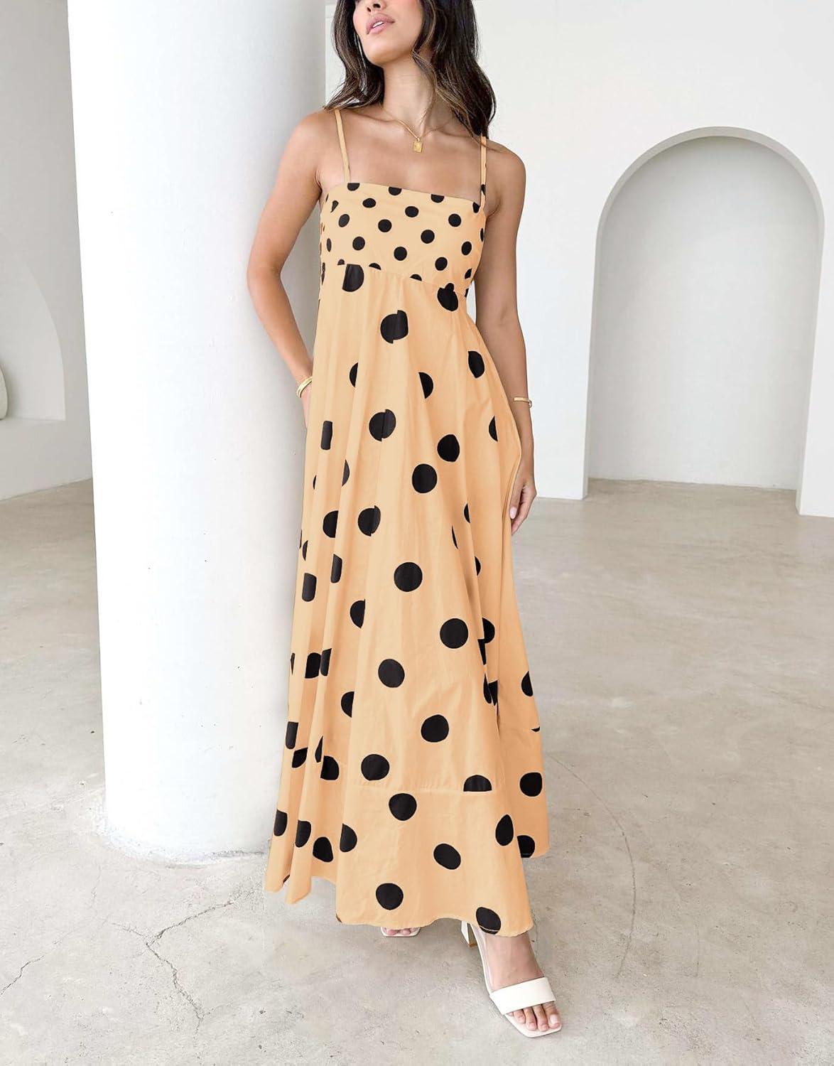 imagechouyatou Womens Elegant Polka Dot Maxi Dress Back Smocked Spaghetti Strap Ruffle Swing Long Dress with PocketsKhaki