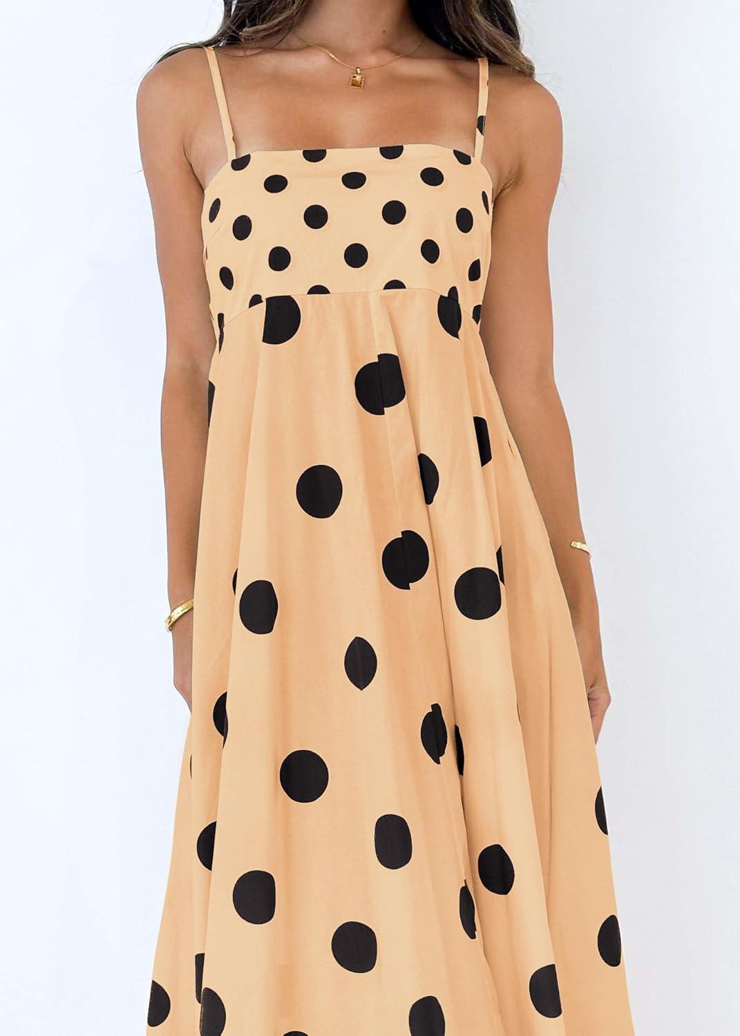 imagechouyatou Womens Elegant Polka Dot Maxi Dress Back Smocked Spaghetti Strap Ruffle Swing Long Dress with PocketsKhaki
