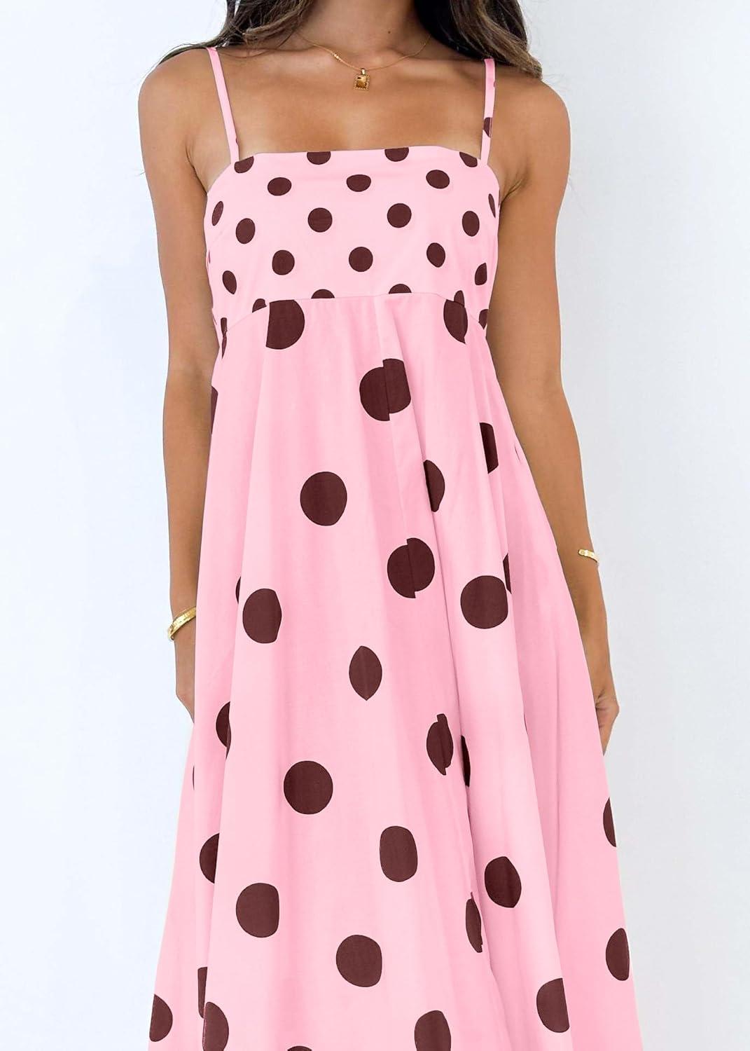imagechouyatou Womens Elegant Polka Dot Maxi Dress Back Smocked Spaghetti Strap Ruffle Swing Long Dress with PocketsPink