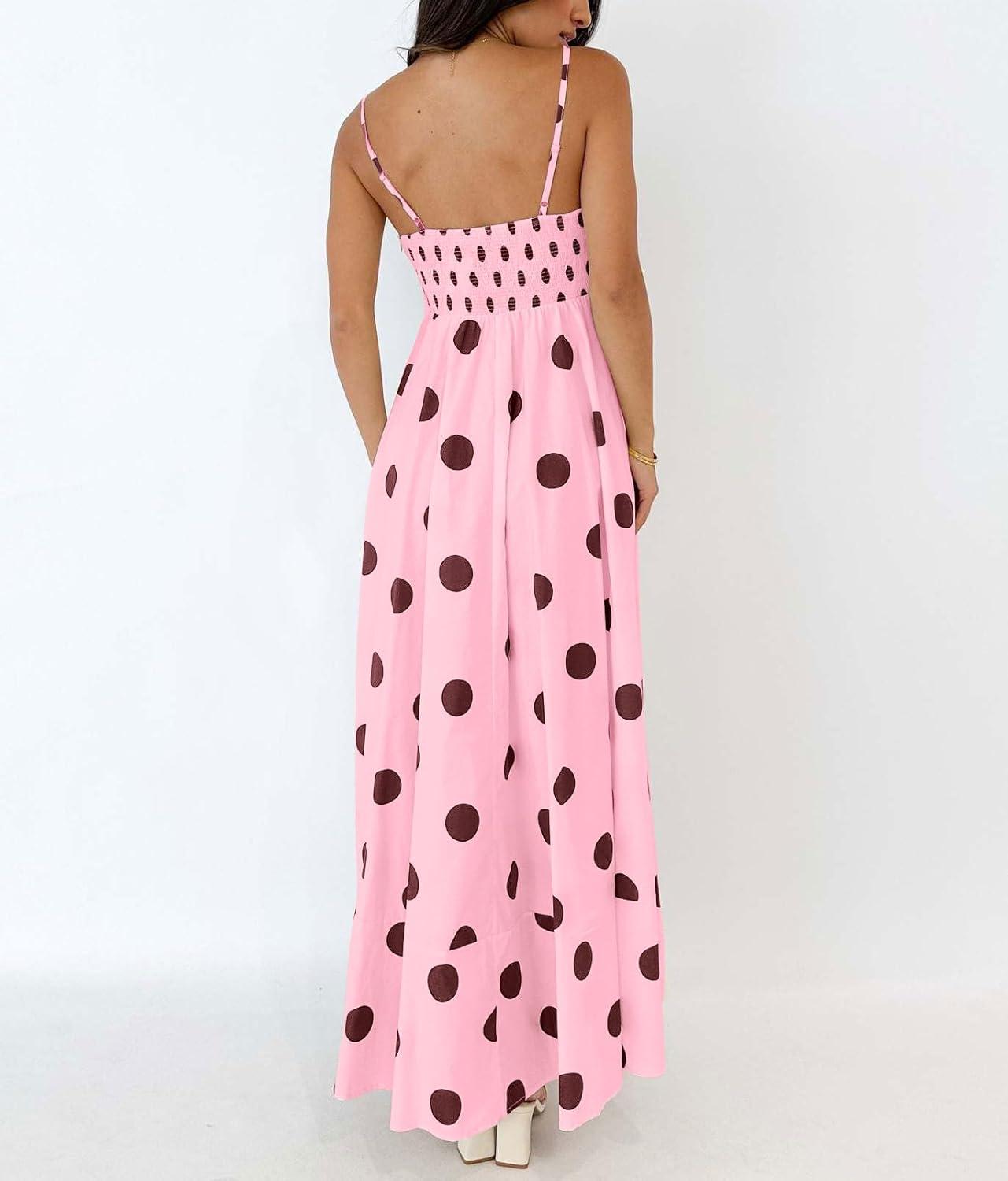 imagechouyatou Womens Elegant Polka Dot Maxi Dress Back Smocked Spaghetti Strap Ruffle Swing Long Dress with PocketsPink