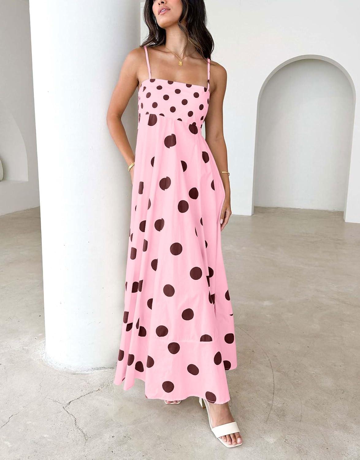 imagechouyatou Womens Elegant Polka Dot Maxi Dress Back Smocked Spaghetti Strap Ruffle Swing Long Dress with PocketsPink