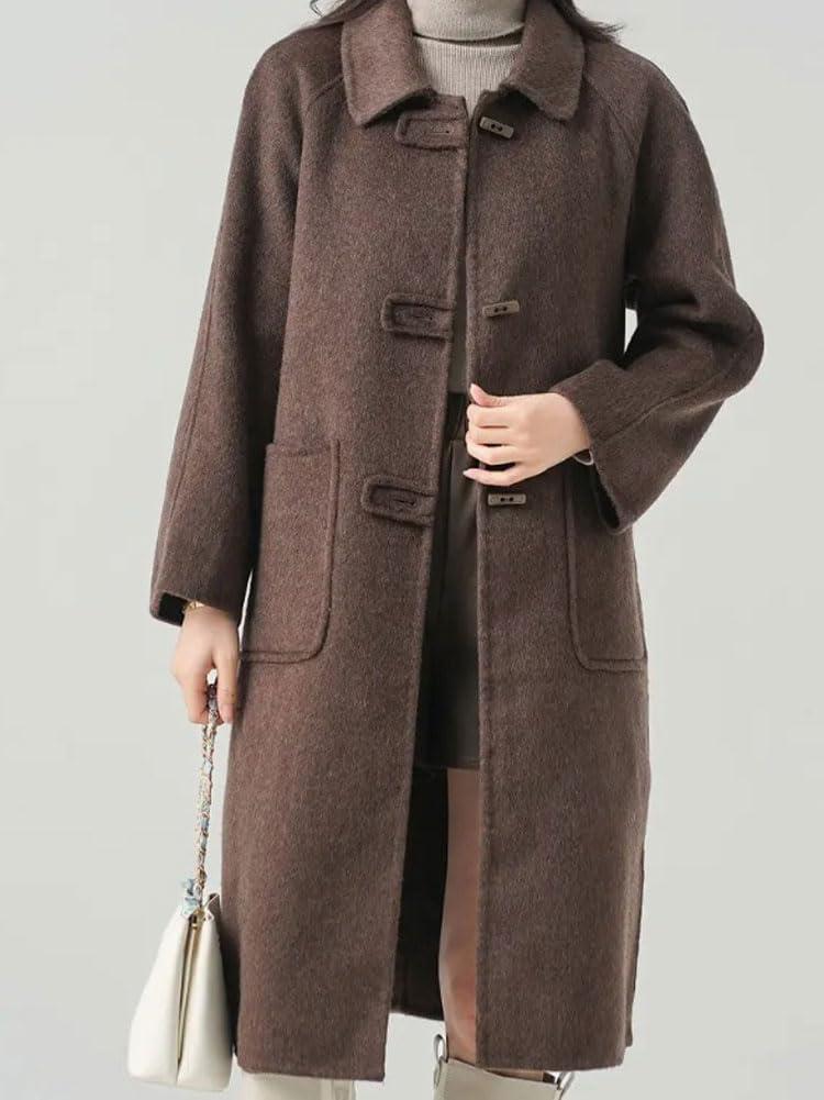 imagechouyatou Womens Elegant Single Breasted Horn Button Wool Coat Long Sleeve Pocketed Midi Long Winter Trench CoatDark Brown