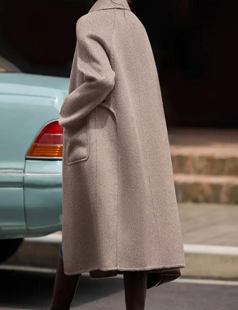 imagechouyatou Womens Elegant Single Breasted Horn Button Wool Coat Long Sleeve Pocketed Midi Long Winter Trench CoatLight Khaki