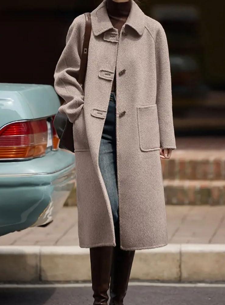 imagechouyatou Womens Elegant Single Breasted Horn Button Wool Coat Long Sleeve Pocketed Midi Long Winter Trench CoatLight Khaki