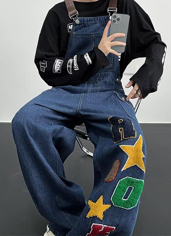 imagechouyatou Womens Embroidery Denim Bib Overall Baggy Casual Adjustable Strap Jeans Pant JumpsuitsBlue