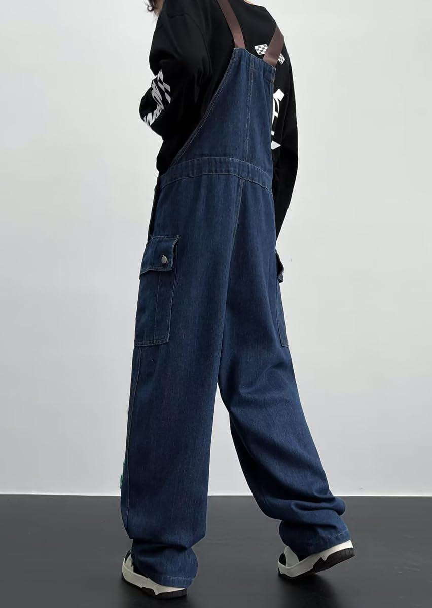imagechouyatou Womens Embroidery Denim Bib Overall Baggy Casual Adjustable Strap Jeans Pant JumpsuitsBlue