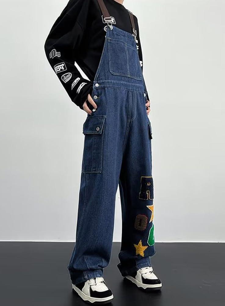 imagechouyatou Womens Embroidery Denim Bib Overall Baggy Casual Adjustable Strap Jeans Pant JumpsuitsBlue