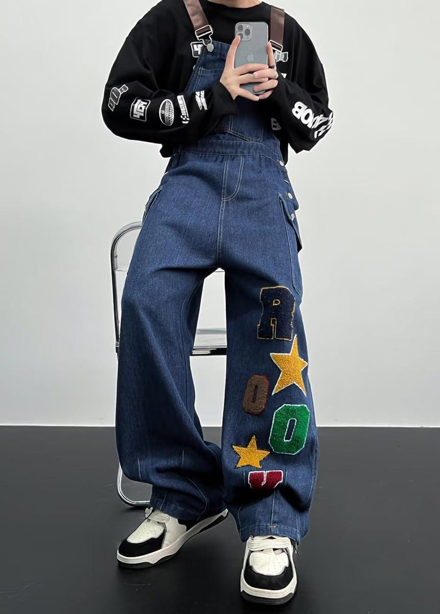 imagechouyatou Womens Embroidery Denim Bib Overall Baggy Casual Adjustable Strap Jeans Pant JumpsuitsBlue