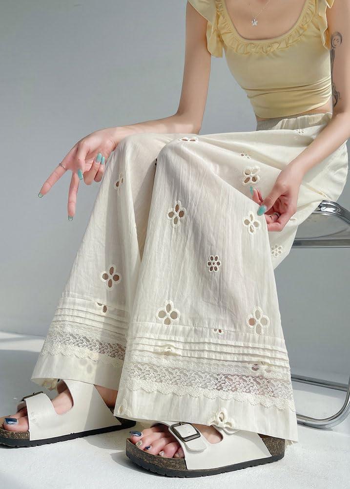 imagechouyatou Womens Eyelet Embroidery Wide Leg Pants Elastic Waist Capri Palazzo Pants Baggy Culottes with PocketsApricot