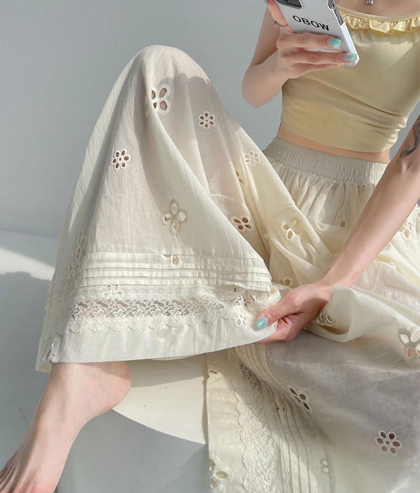 imagechouyatou Womens Eyelet Embroidery Wide Leg Pants Elastic Waist Capri Palazzo Pants Baggy Culottes with PocketsApricot