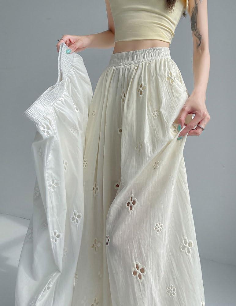 imagechouyatou Womens Eyelet Embroidery Wide Leg Pants Elastic Waist Capri Palazzo Pants Baggy Culottes with PocketsApricot