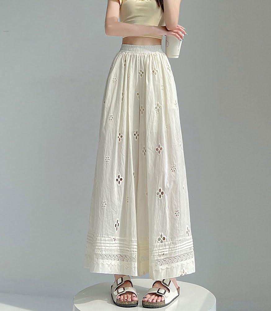 imagechouyatou Womens Eyelet Embroidery Wide Leg Pants Elastic Waist Capri Palazzo Pants Baggy Culottes with PocketsApricot