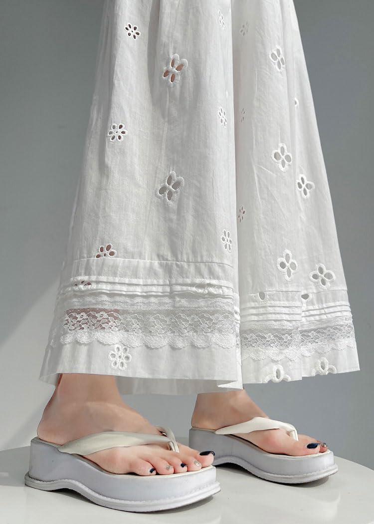 imagechouyatou Womens Eyelet Embroidery Wide Leg Pants Elastic Waist Capri Palazzo Pants Baggy Culottes with PocketsWhite