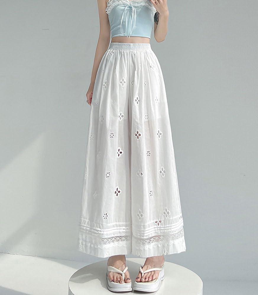 imagechouyatou Womens Eyelet Embroidery Wide Leg Pants Elastic Waist Capri Palazzo Pants Baggy Culottes with PocketsWhite