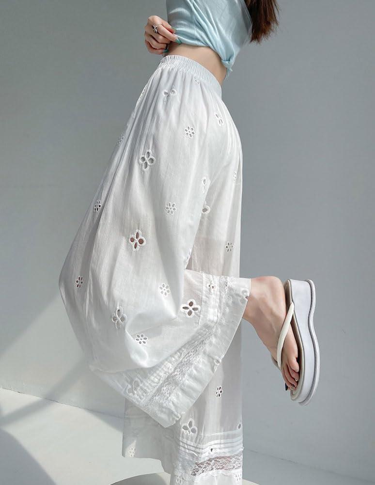 imagechouyatou Womens Eyelet Embroidery Wide Leg Pants Elastic Waist Capri Palazzo Pants Baggy Culottes with PocketsWhite