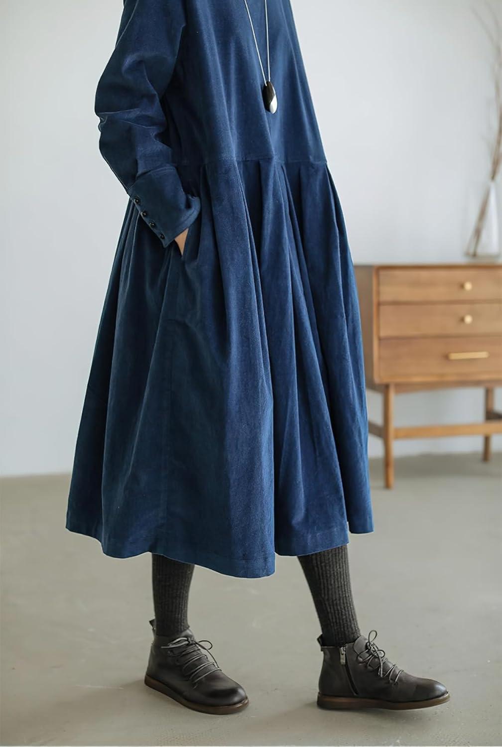 imagechouyatou Womens Fall Babydoll Corduroy Dress Long Sleeve Pleated Pullover Midi Dresses with PocketsBlue