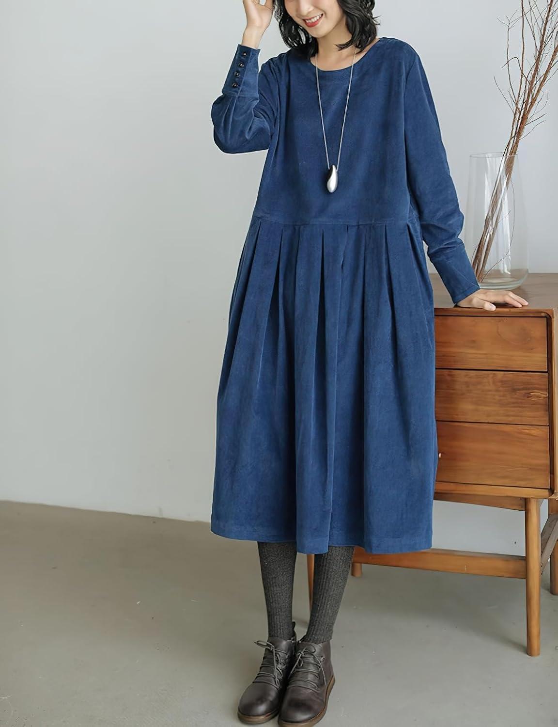 imagechouyatou Womens Fall Babydoll Corduroy Dress Long Sleeve Pleated Pullover Midi Dresses with PocketsBlue