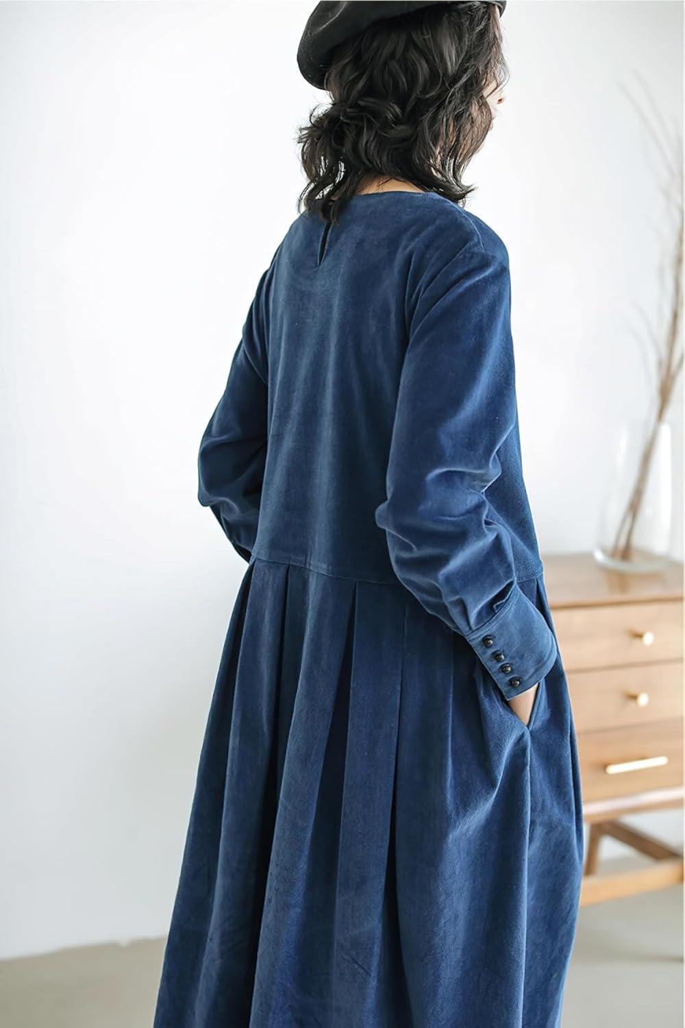 imagechouyatou Womens Fall Babydoll Corduroy Dress Long Sleeve Pleated Pullover Midi Dresses with PocketsBlue