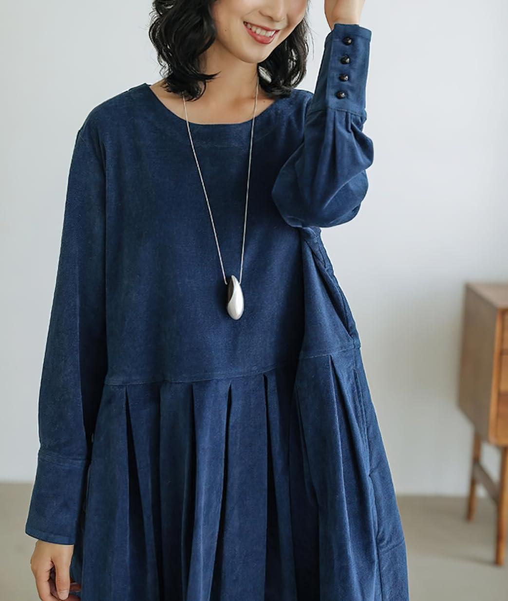imagechouyatou Womens Fall Babydoll Corduroy Dress Long Sleeve Pleated Pullover Midi Dresses with PocketsBlue