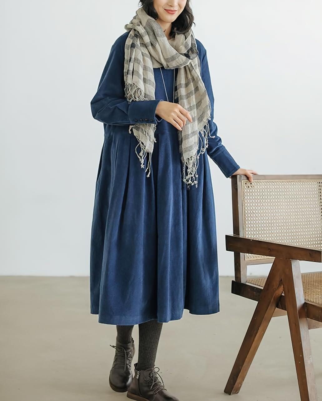 imagechouyatou Womens Fall Babydoll Corduroy Dress Long Sleeve Pleated Pullover Midi Dresses with PocketsBlue