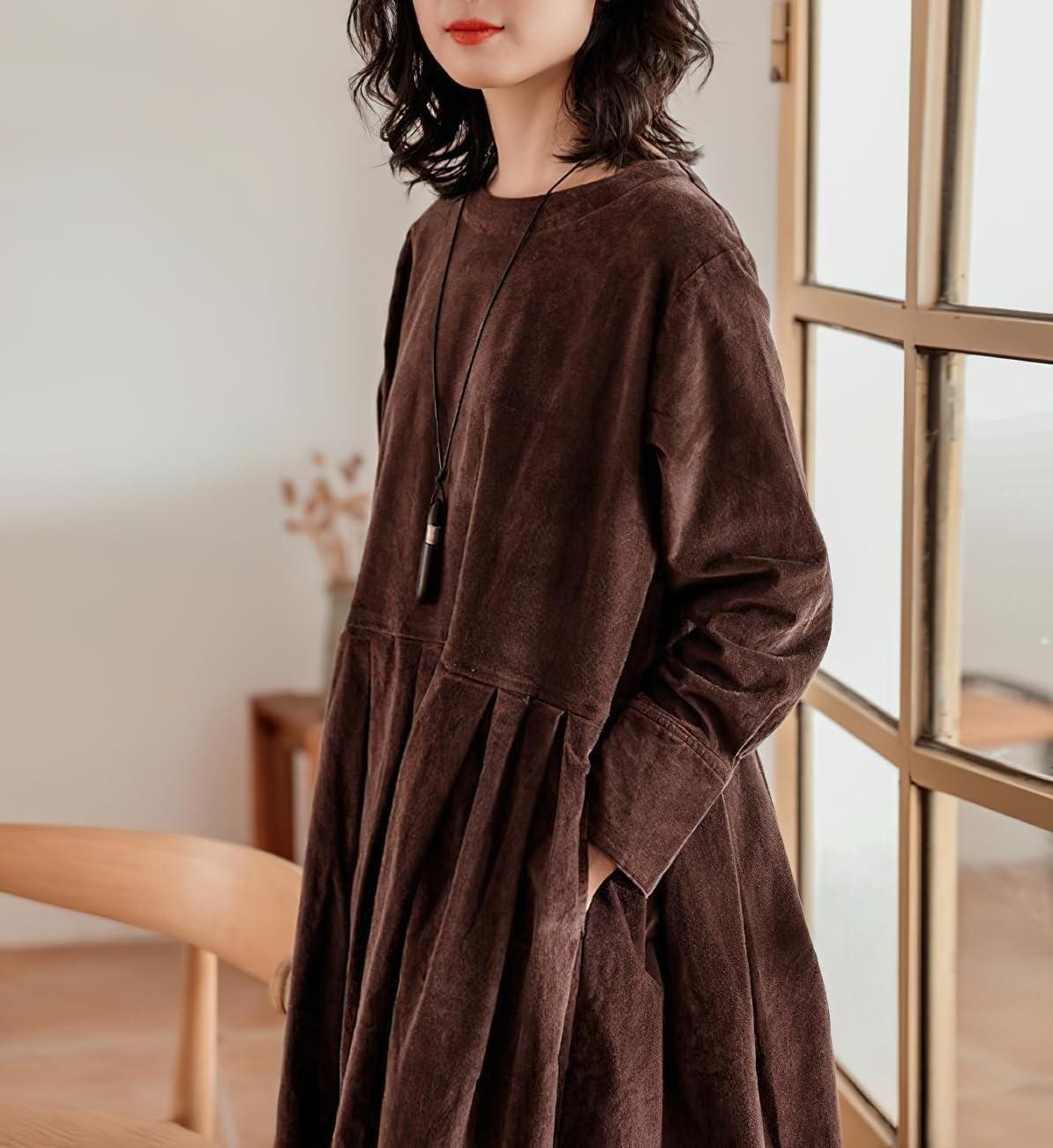 imagechouyatou Womens Fall Babydoll Corduroy Dress Long Sleeve Pleated Pullover Midi Dresses with PocketsBrown