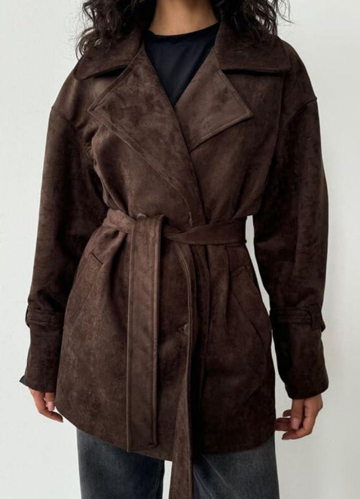 imagechouyatou Womens Fall Boyfriend Faux Suede Leather Jacket Notch Lapel Belted Midi Long Shacket CoatCoffee